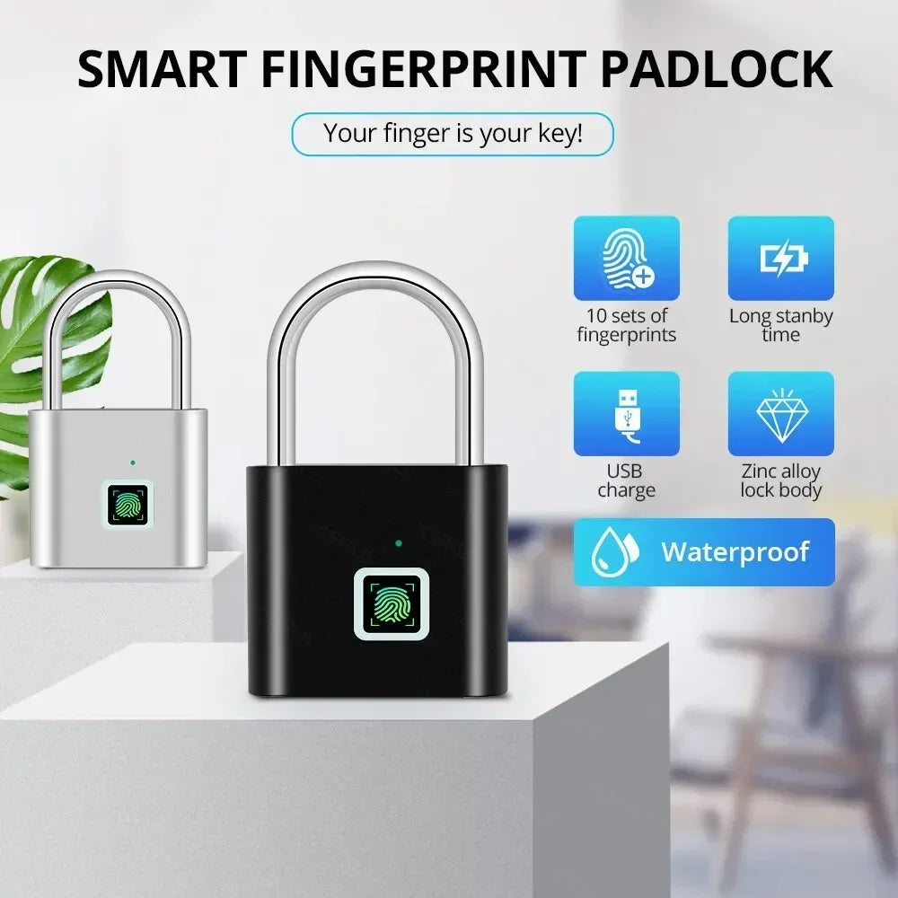 Keyless Smart Lock Fingerprint Padlock Waterproof Door Lock USB Charging 0.2Sec Unlock Outdoors Portable Anti-Theft Padlock Zinc