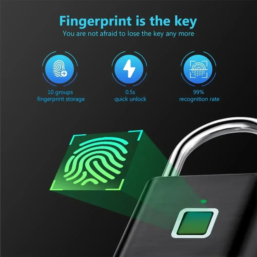 Keyless Smart Lock Fingerprint Padlock Waterproof Door Lock USB Charging 0.2Sec Unlock Outdoors Portable Anti-Theft Padlock Zinc