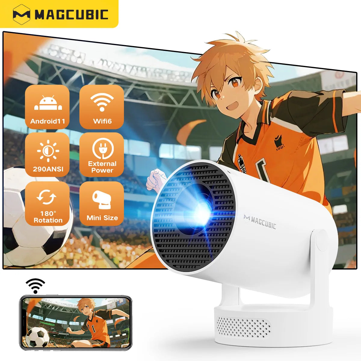 4K Android 11 Portable Projector 8000 Lumens Wifi 6 BT5.4 Outdoor Theater 5W Hifi Speaker 720P HD Supported HY300 Pro+