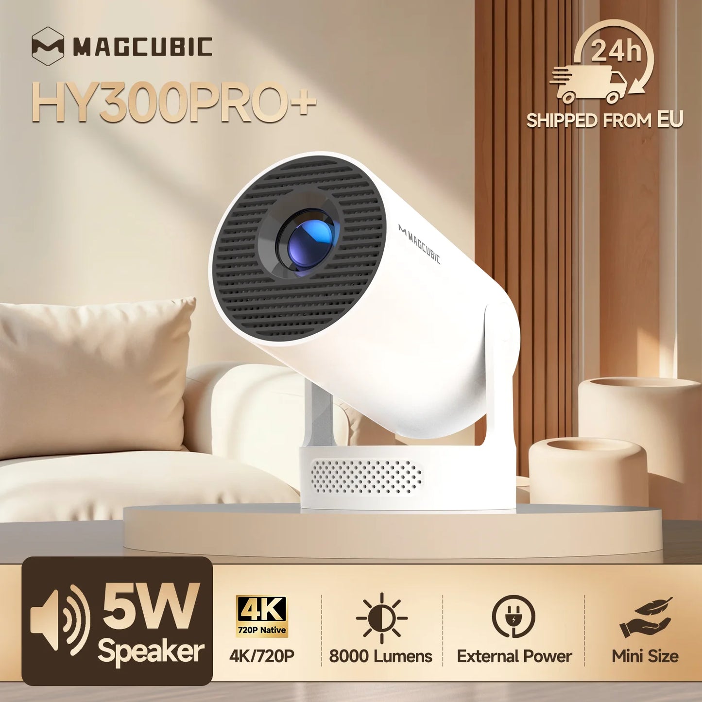 4K Android 11 Portable Projector 8000 Lumens Wifi 6 BT5.4 Outdoor Theater 5W Hifi Speaker 720P HD Supported HY300 Pro+